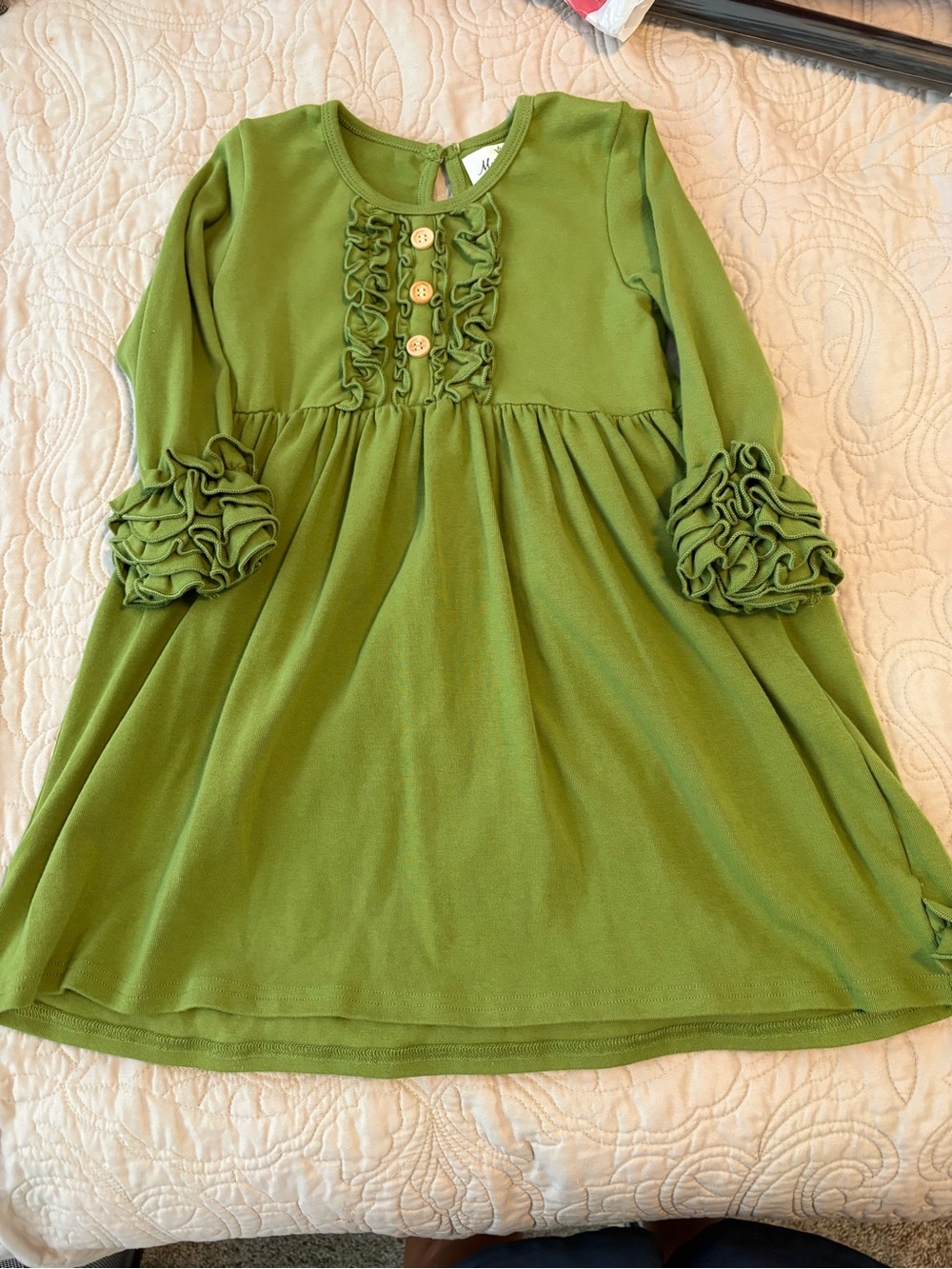 Girls Olive Green Ruffle-Front Long Sleeve Dress